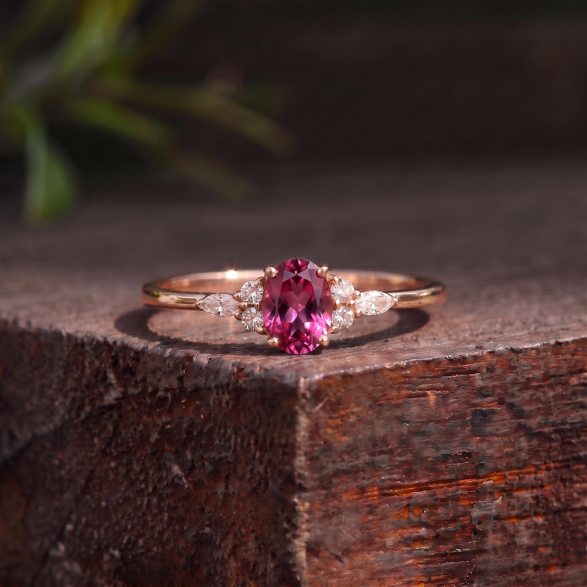 Elegant Oval Pink Tourmaline Ring | Diamond Cluster Engagement Ring | Delicate Promise Ring | Anniversary Ring Gift for Her