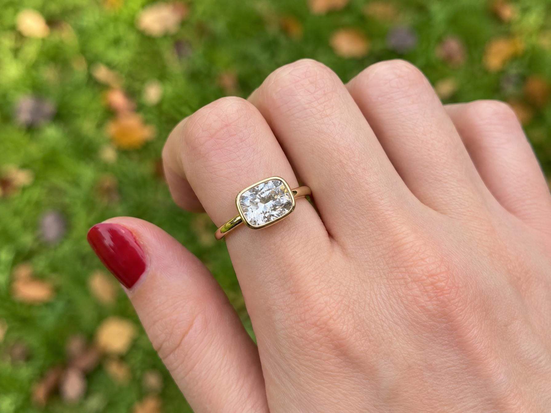 East West Cushion Bezel Ring, 925 Sterling Silver, 10x8mm CZ Solitaire, Elongated Cushion Cut Engagement Ring, Promise Ring for Women