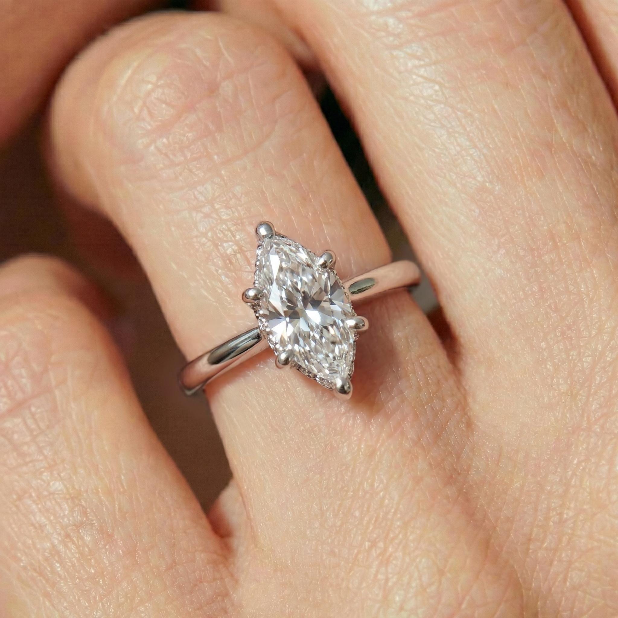 Elegant Marquise Diamond Solitaire Ring | Unique Bubble Prong Engagement Ring | 14K Gold Promise Ring | Anniversary Gift
