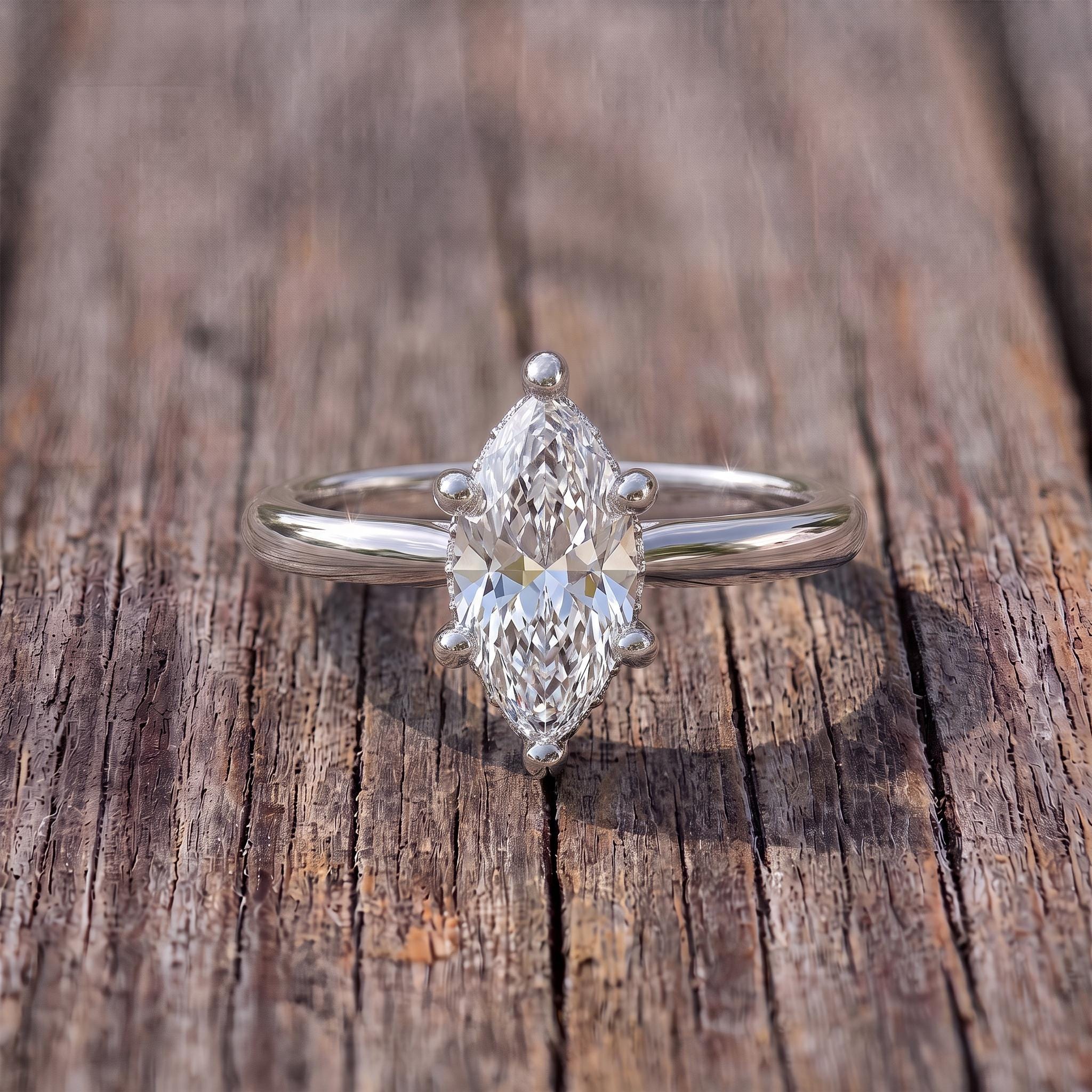 Elegant Marquise Diamond Solitaire Ring | Unique Bubble Prong Engagement Ring | 14K Gold Promise Ring | Anniversary Gift