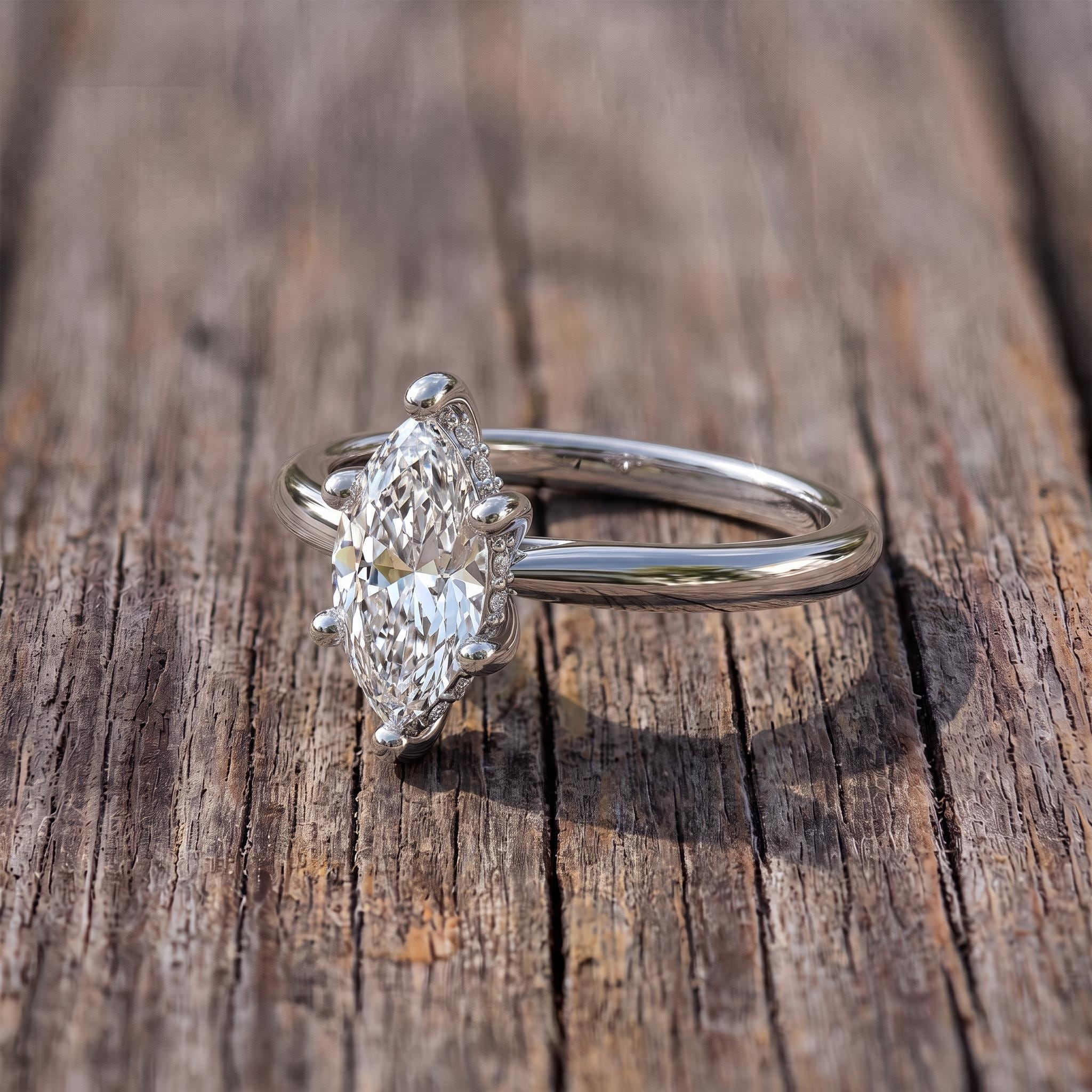 Elegant Marquise Diamond Solitaire Ring | Unique Bubble Prong Engagement Ring | 14K Gold Promise Ring | Anniversary Gift