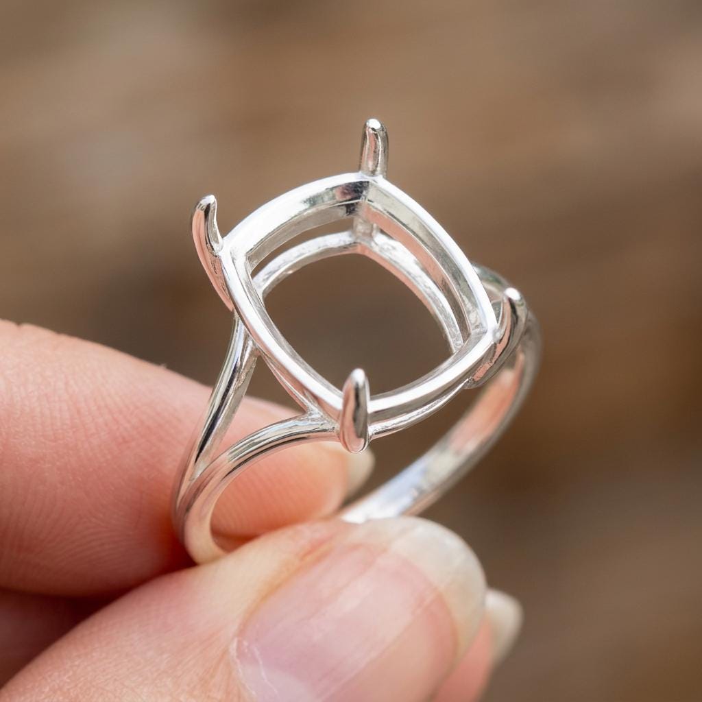 Elongated Cushion Semi Mount Ring Setting 10x8mm, 925 Sterling Silver Split Shank Ring Mount, 4 Prong Empty Setting for DIY