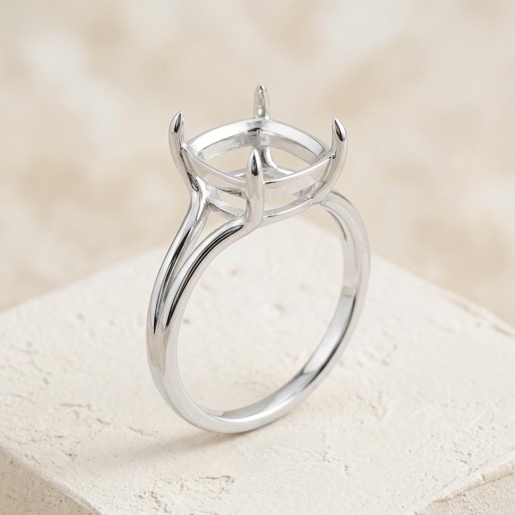Elongated Cushion Semi Mount Ring Setting 10x8mm, 925 Sterling Silver Split Shank Ring Mount, 4 Prong Empty Setting for DIY
