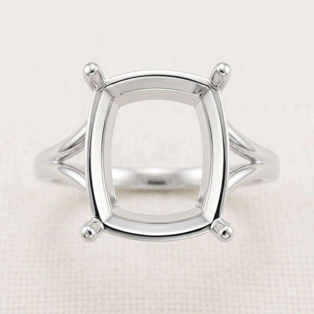 Elongated Cushion Semi Mount Ring Setting 10x8mm, 925 Sterling Silver Split Shank Ring Mount, 4 Prong Empty Setting for DIY