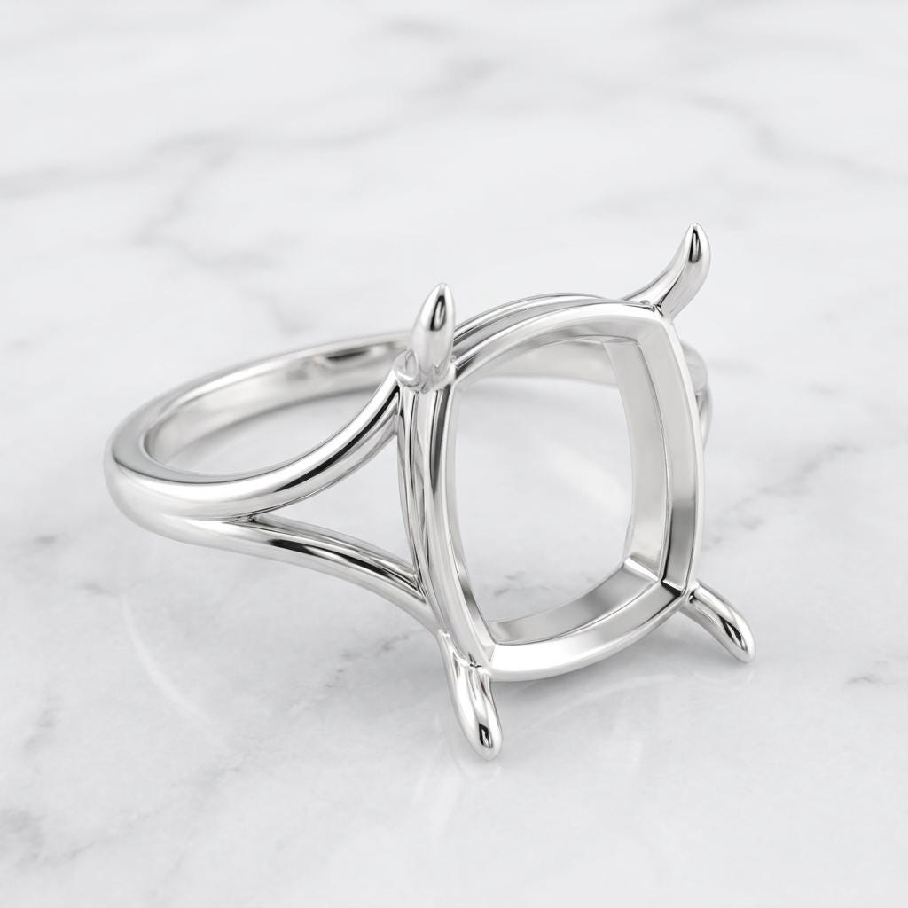 Elongated Cushion Semi Mount Ring Setting 10x8mm, 925 Sterling Silver Split Shank Ring Mount, 4 Prong Empty Setting for DIY