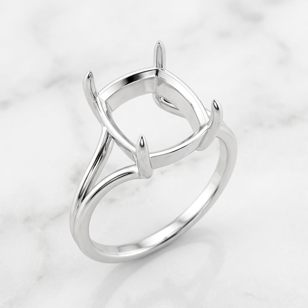 Engagement Ring Mount, Elongated Cushion 9x7mm Split Shank, 925 Sterling Silver 4 Prong Semi Mount Setting Only for DIY