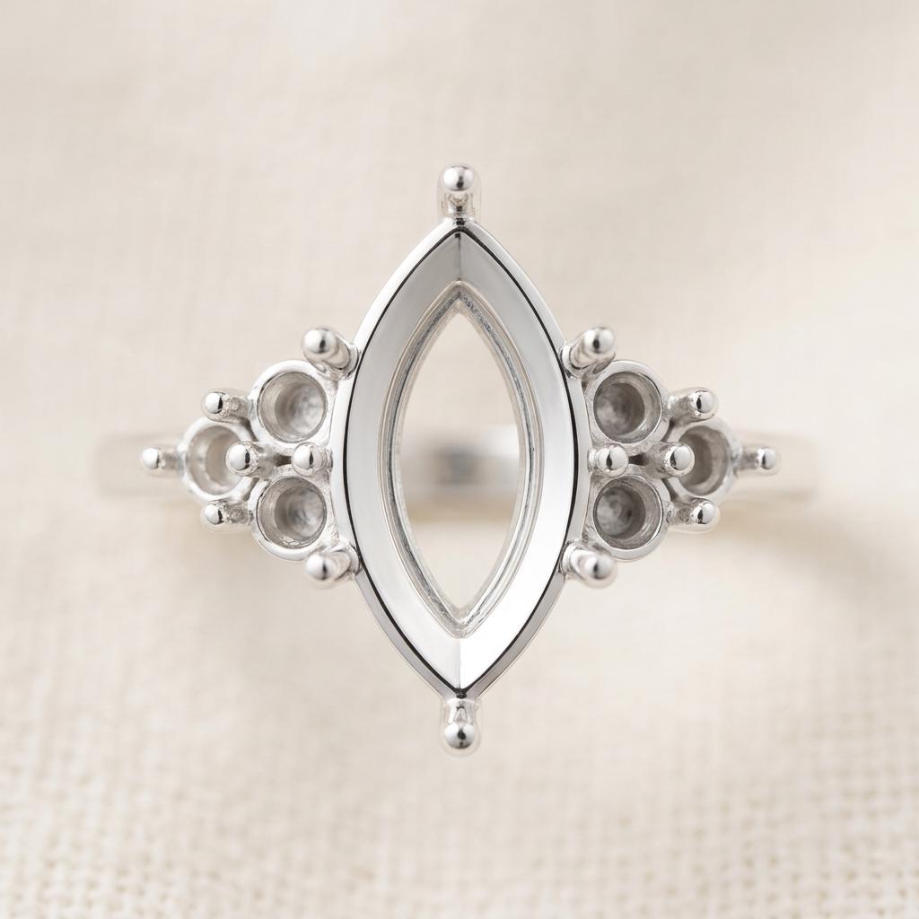 Slim Band Marquise Ring Setting 10x5mm Sterling Silver, Semi Mount Engagement Ring Blank, 6 Prong Head, 6 Side Seats, Setting Only