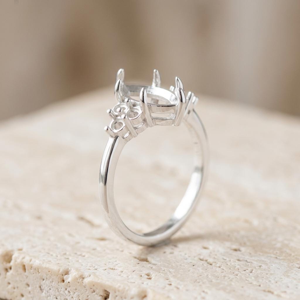 Slim Band Marquise Ring Setting 10x5mm Sterling Silver, Semi Mount Engagement Ring Blank, 6 Prong Head, 6 Side Seats, Setting Only