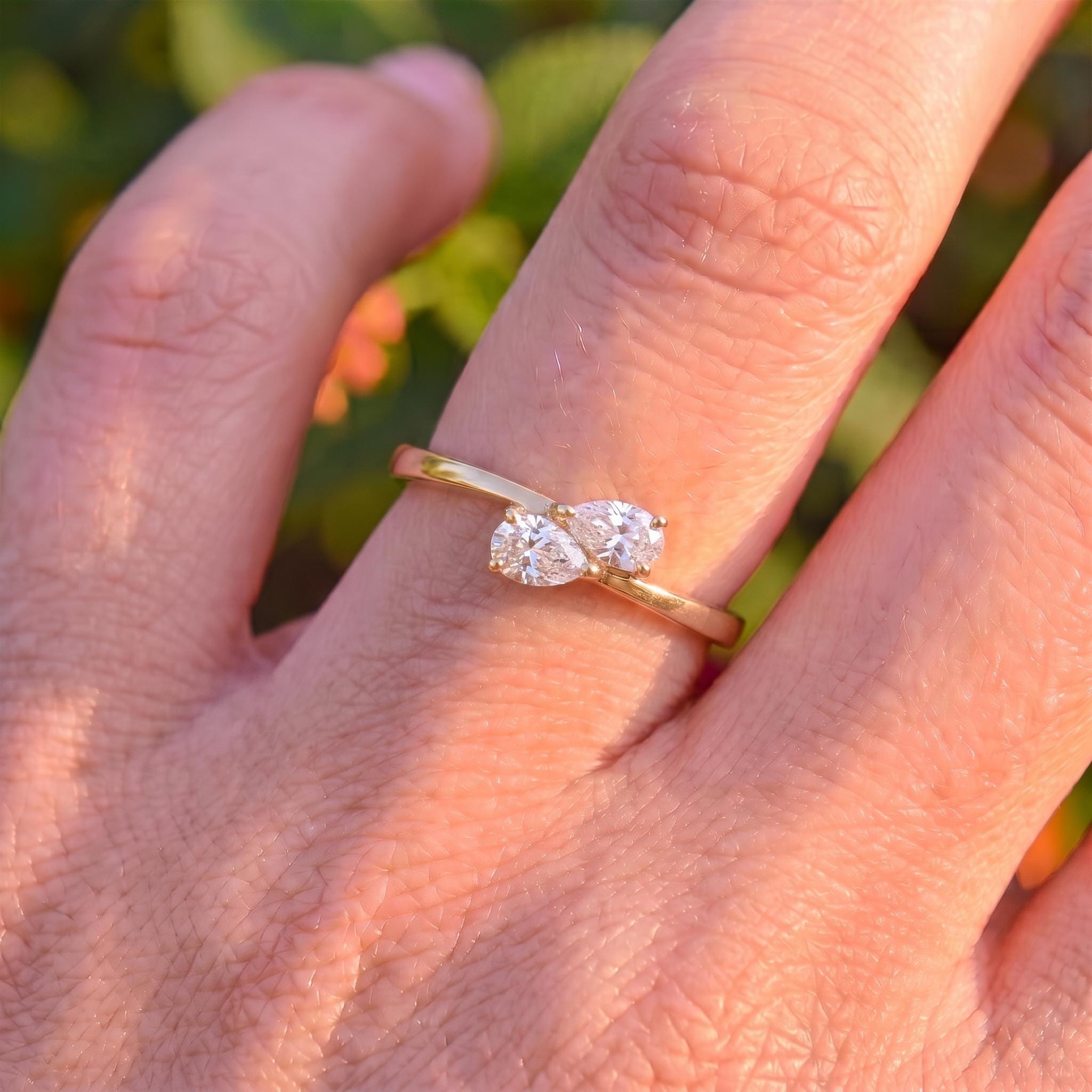 Delicate Two Pear Diamond Bypass Ring, Dainty Promise Ring, Unique Toi et Moi Engagement Ring, Anniversary Gift for Her