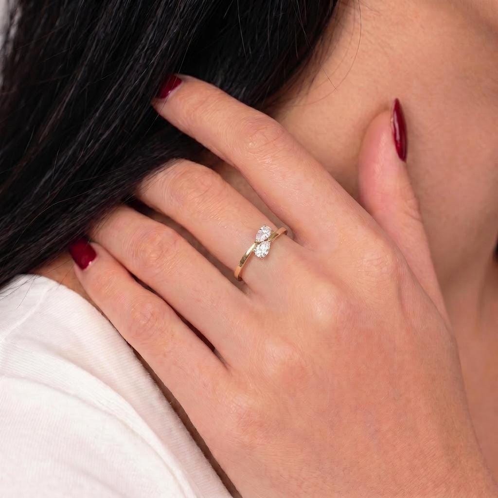 Delicate Two Pear Diamond Bypass Ring, Dainty Promise Ring, Unique Toi et Moi Engagement Ring, Anniversary Gift for Her