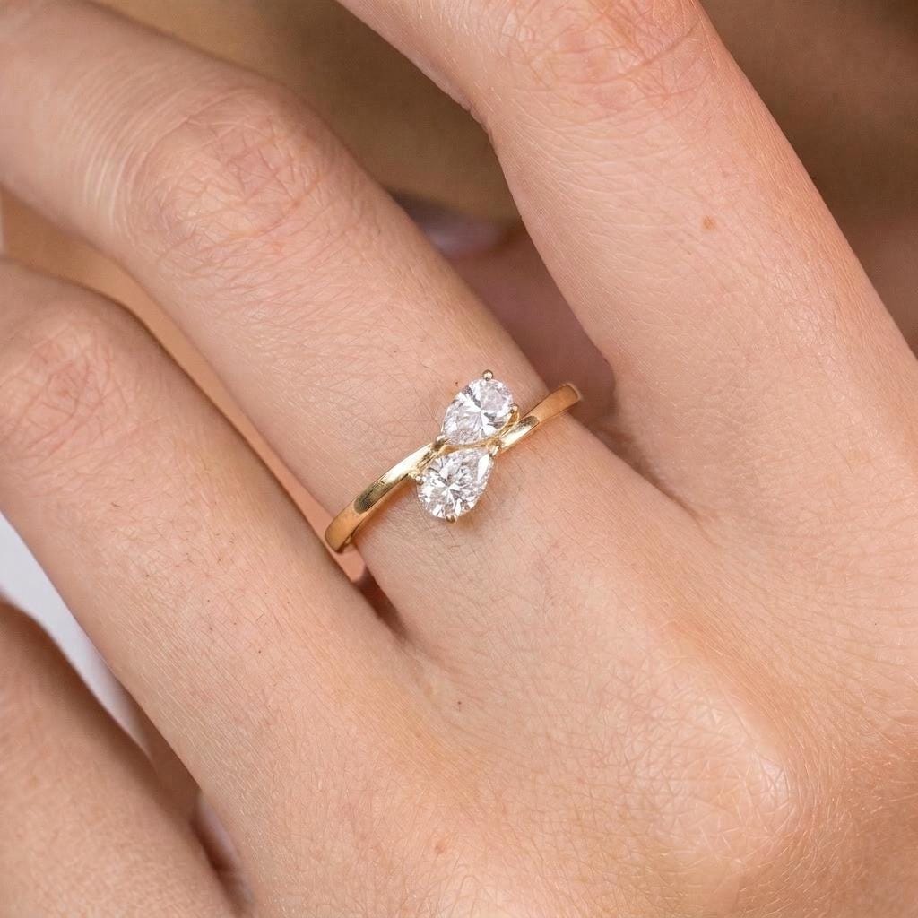 Delicate Two Pear Diamond Bypass Ring, Dainty Promise Ring, Unique Toi et Moi Engagement Ring, Anniversary Gift for Her