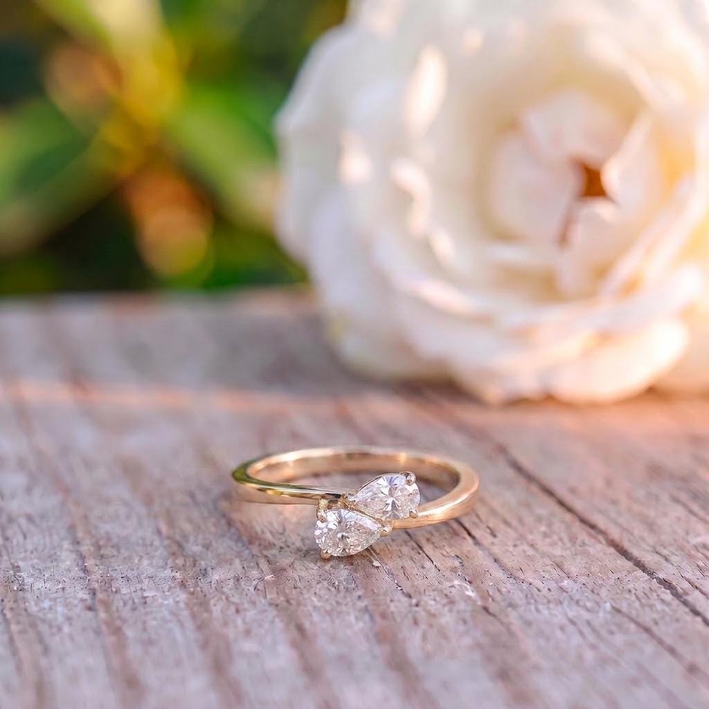 Delicate Two Pear Diamond Bypass Ring, Dainty Promise Ring, Unique Toi et Moi Engagement Ring, Anniversary Gift for Her
