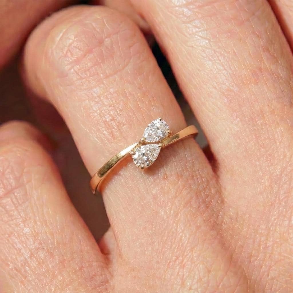 Delicate Two Pear Diamond Bypass Ring, Dainty Promise Ring, Unique Toi et Moi Engagement Ring, Anniversary Gift for Her