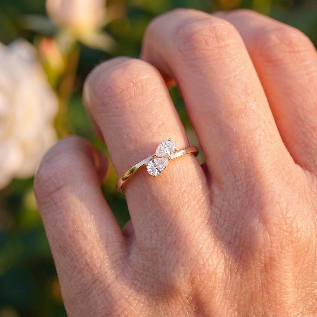 Delicate Two Pear Diamond Bypass Ring, Dainty Promise Ring, Unique Toi et Moi Engagement Ring, Anniversary Gift for Her