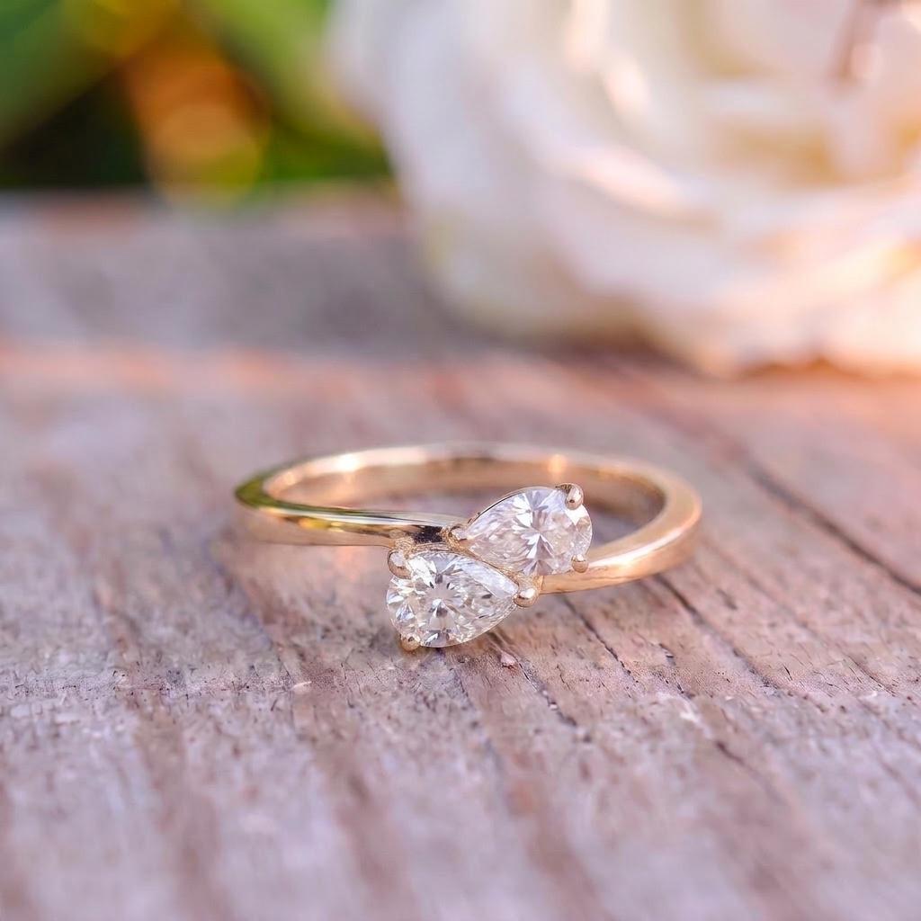 Delicate Two Pear Diamond Bypass Ring, Dainty Promise Ring, Unique Toi et Moi Engagement Ring, Anniversary Gift for Her