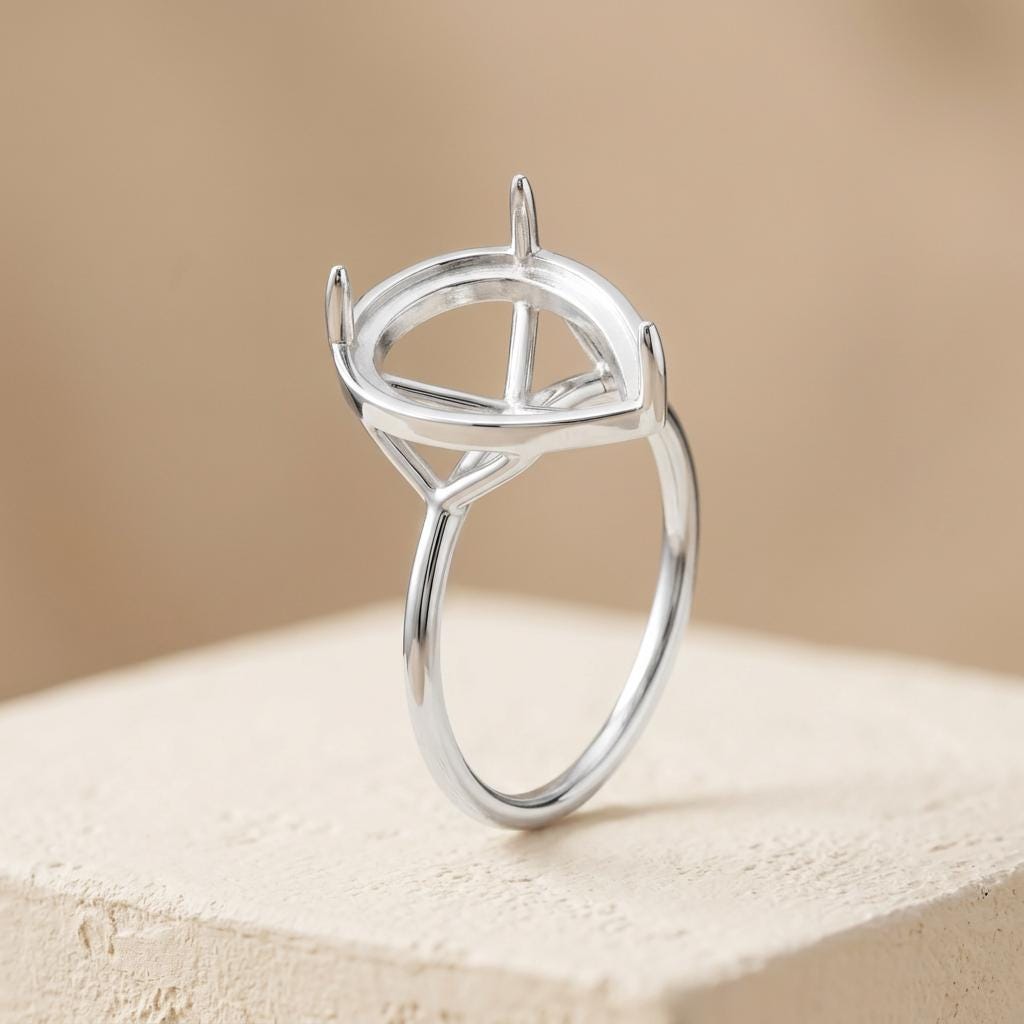 Pear Semi Mount Ring Setting, 925 Sterling Silver Dainty Solitaire Ring Mount, 3 Prong Empty Ring Setting for DIY