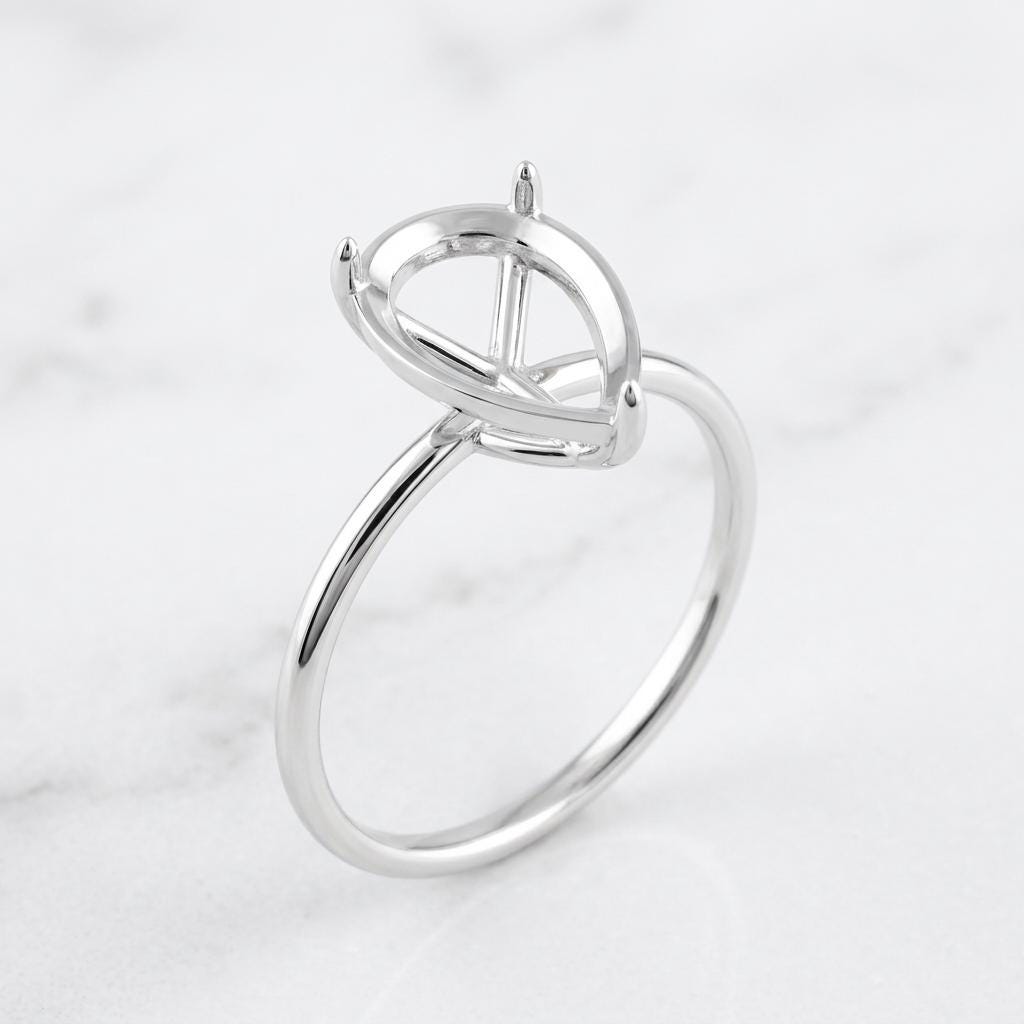 Pear Semi Mount Ring Setting, 925 Sterling Silver Dainty Solitaire Ring Mount, 3 Prong Empty Ring Setting for DIY