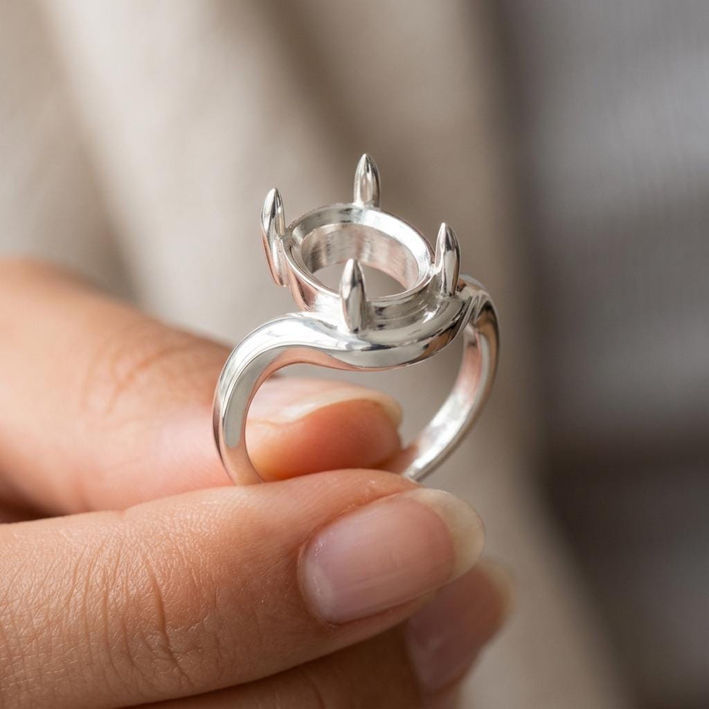 925 Sterling Silver Oval Ring Mount 8x6mm, East West Bypass 4-Prong Semi Mount, Wedding Ring Base Setting Only