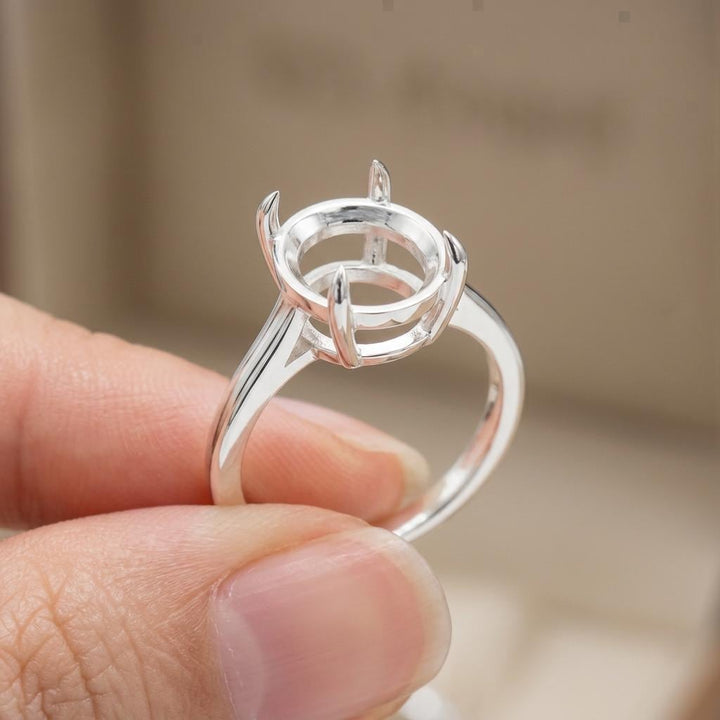Custom Ring Base Oval 9x7mm, 925 Silver Setting Without Center Piece, 4 Claw East West Cathedral Semi Mount for Jewelers