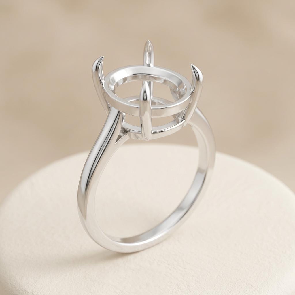 Custom Ring Base Oval 9x7mm, 925 Silver Setting Without Center Piece, 4 Claw East West Cathedral Semi Mount for Jewelers