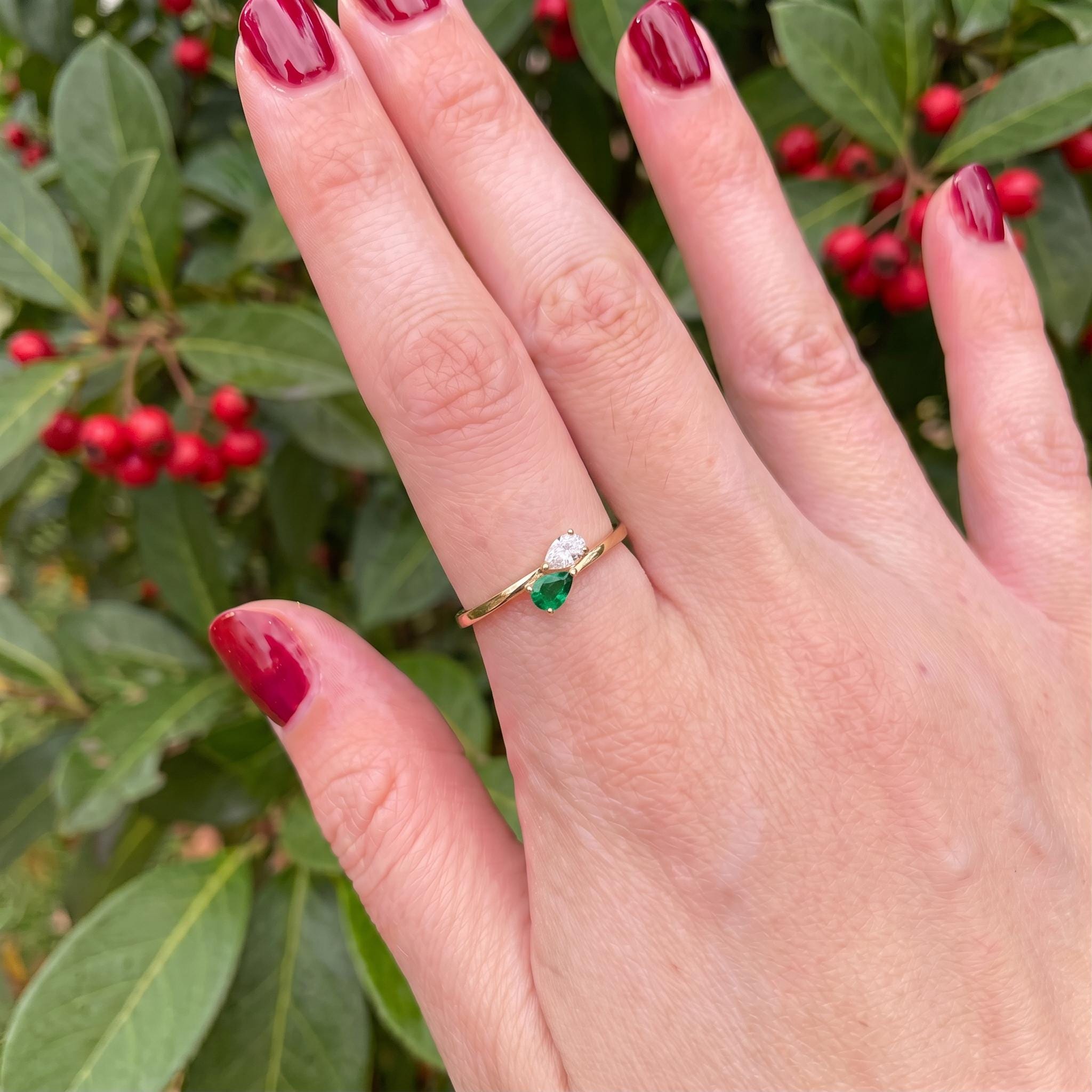 Pear Cut Emerald & Diamond Bypass Ring | Two Stone Promise Ring | Delicate Anniversary Gift for Her | Unique Engagement Jewelry