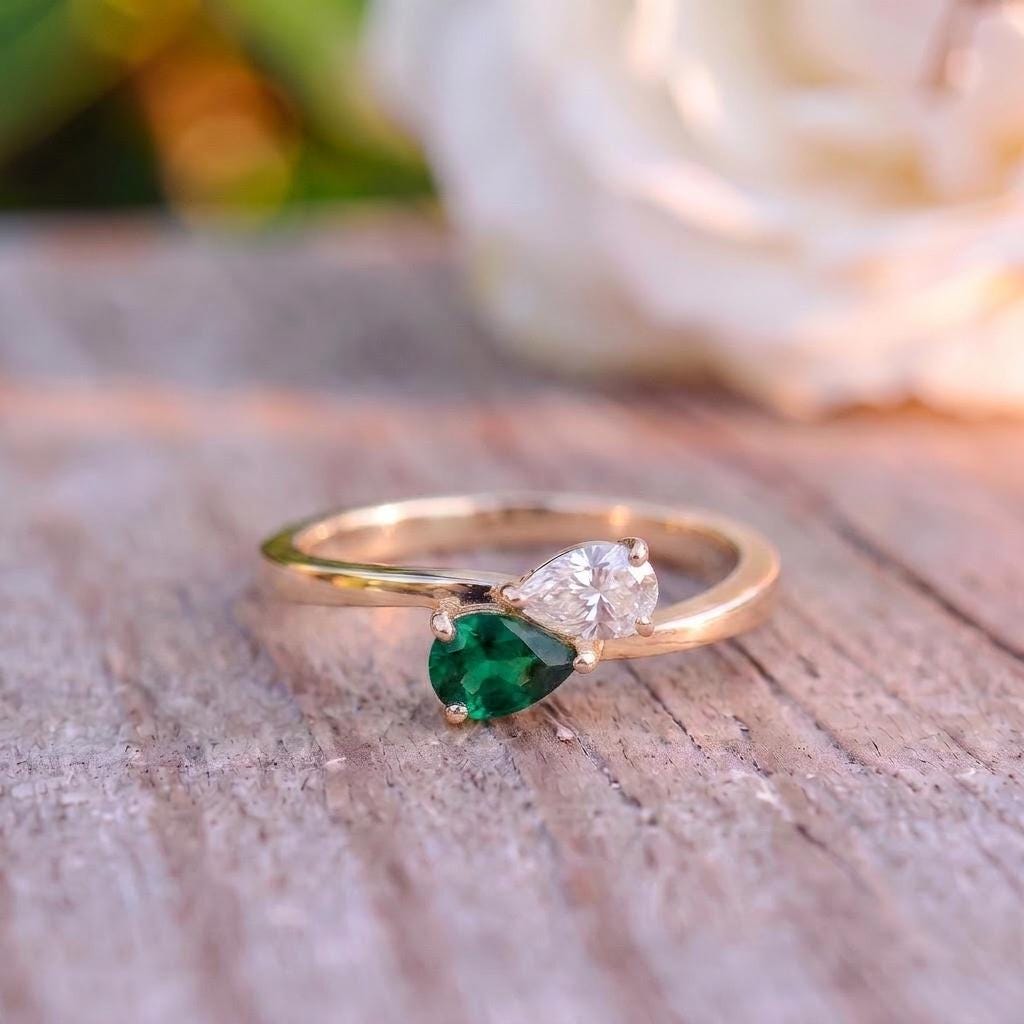 Pear Cut Emerald & Diamond Bypass Ring | Two Stone Promise Ring | Delicate Anniversary Gift for Her | Unique Engagement Jewelry