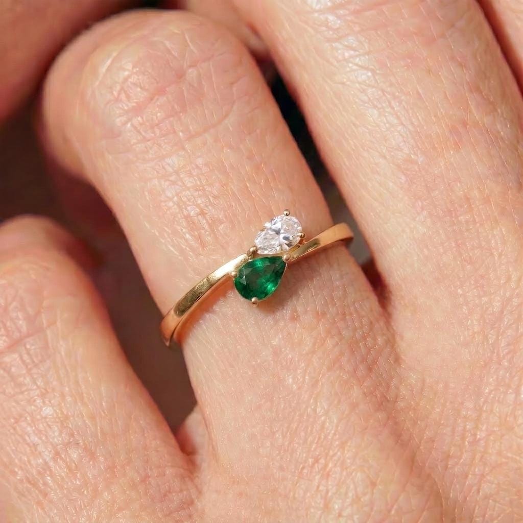 Pear Cut Emerald & Diamond Bypass Ring | Two Stone Promise Ring | Delicate Anniversary Gift for Her | Unique Engagement Jewelry