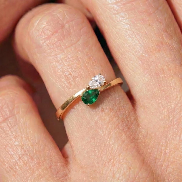 Pear Cut Emerald & Diamond Bypass Ring | Two Stone Promise Ring | Delicate Anniversary Gift for Her | Unique Engagement Jewelry