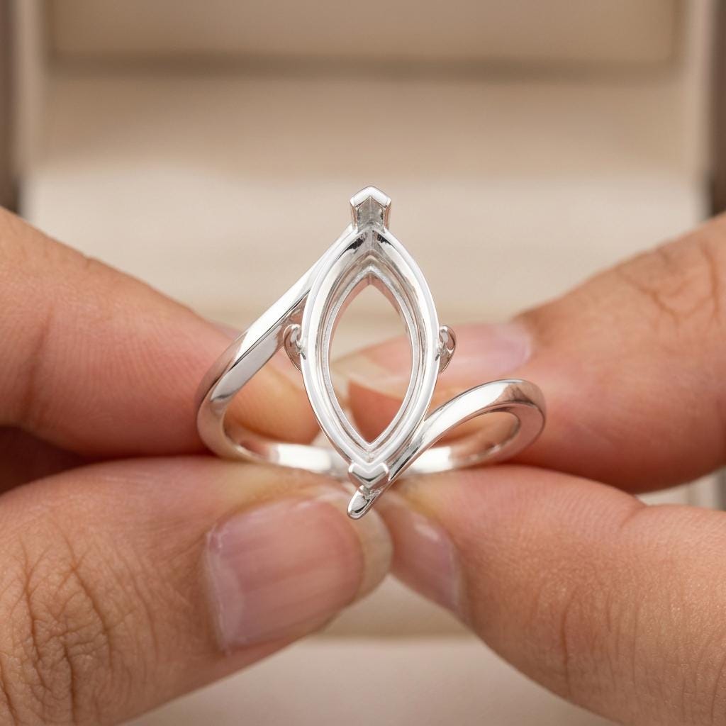 Unset Ring Mount Marquise 15x7.5mm, 925 Sterling Silver Bypass Band Semi Mount Setting, 4 Prong Head, DIY Jewelry Making