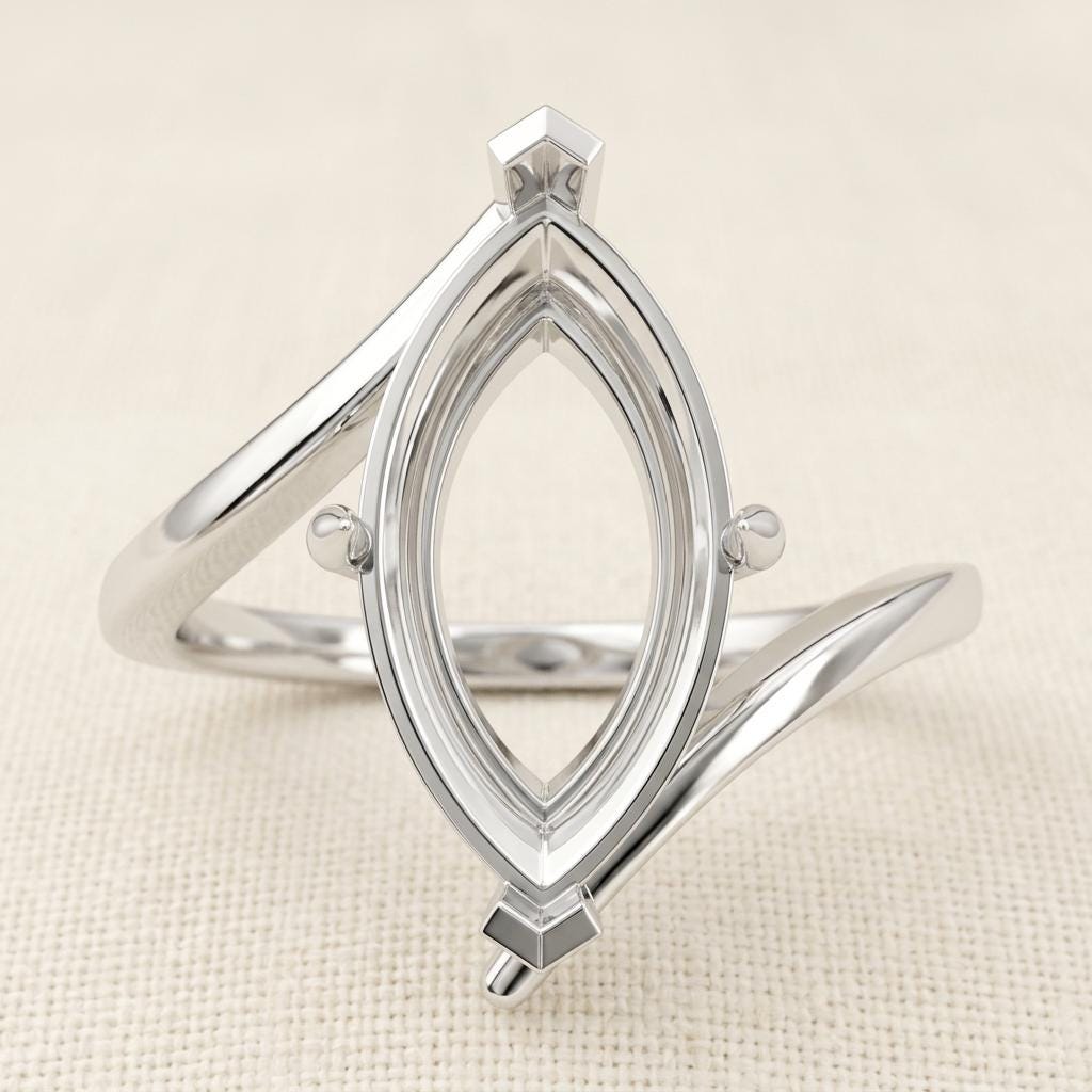 Unset Ring Mount Marquise 15x7.5mm, 925 Sterling Silver Bypass Band Semi Mount Setting, 4 Prong Head, DIY Jewelry Making
