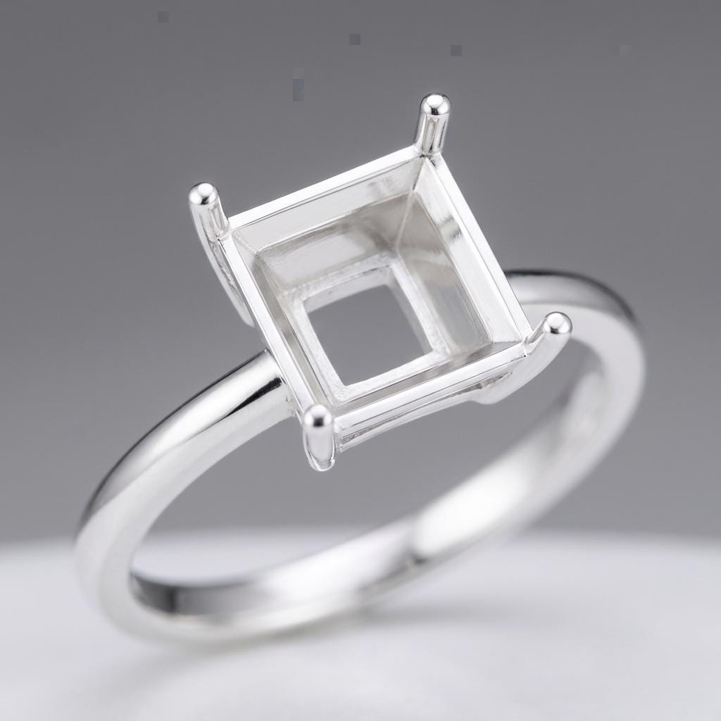Unset Ring Mount Princess 6.5mm Square, 925 Silver Setting Without Center Piece, 4 Prong Solitaire Semi Mount for Jewelers