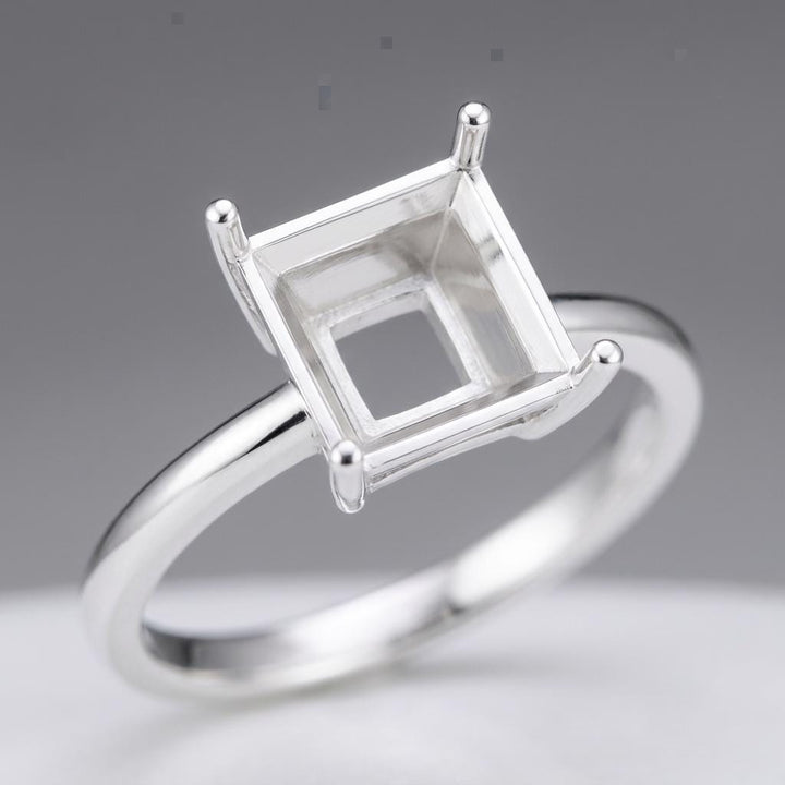 Unset Ring Mount Princess 6.5mm Square, 925 Silver Setting Without Center Piece, 4 Prong Solitaire Semi Mount for Jewelers