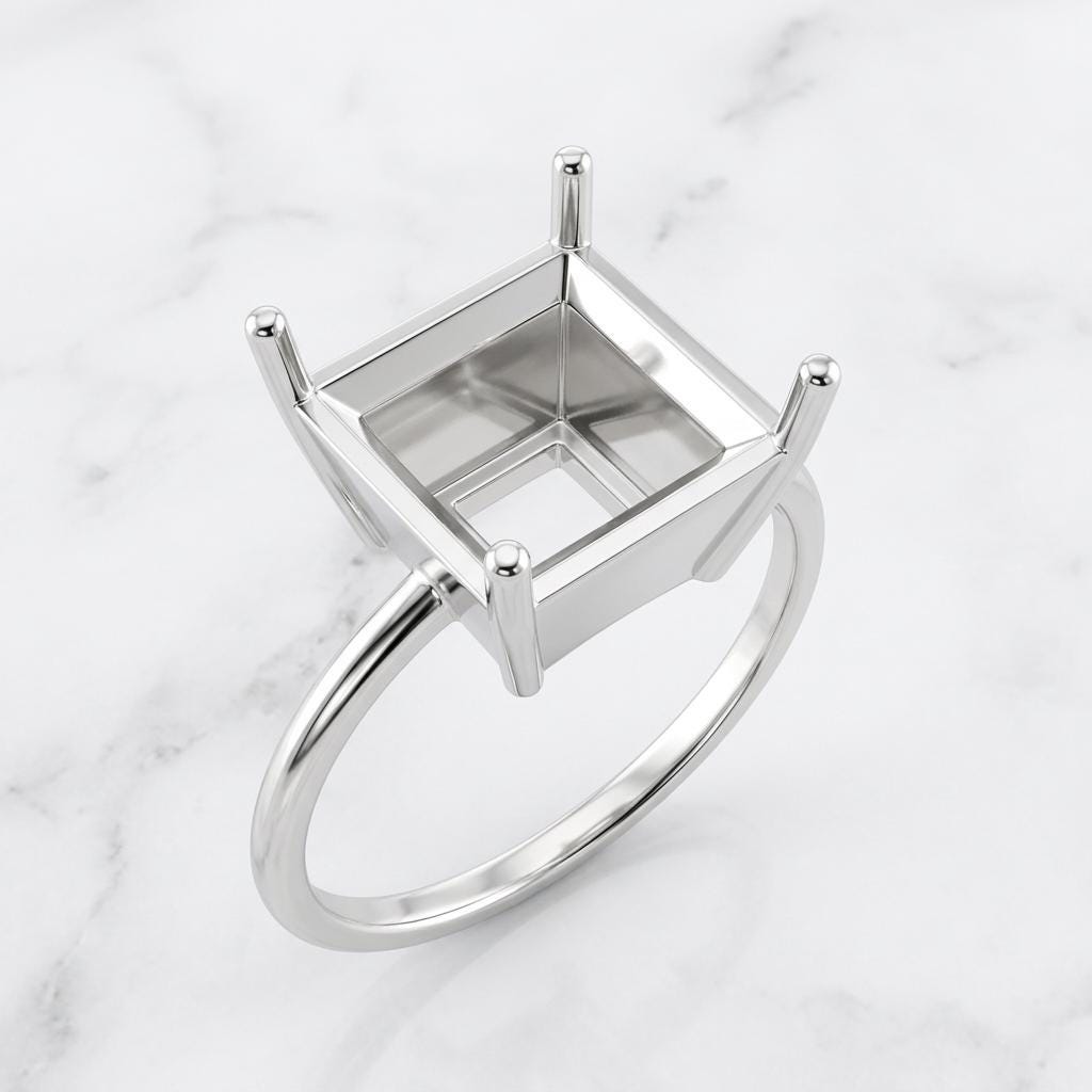 Unset Ring Mount Princess 6.5mm Square, 925 Silver Setting Without Center Piece, 4 Prong Solitaire Semi Mount for Jewelers