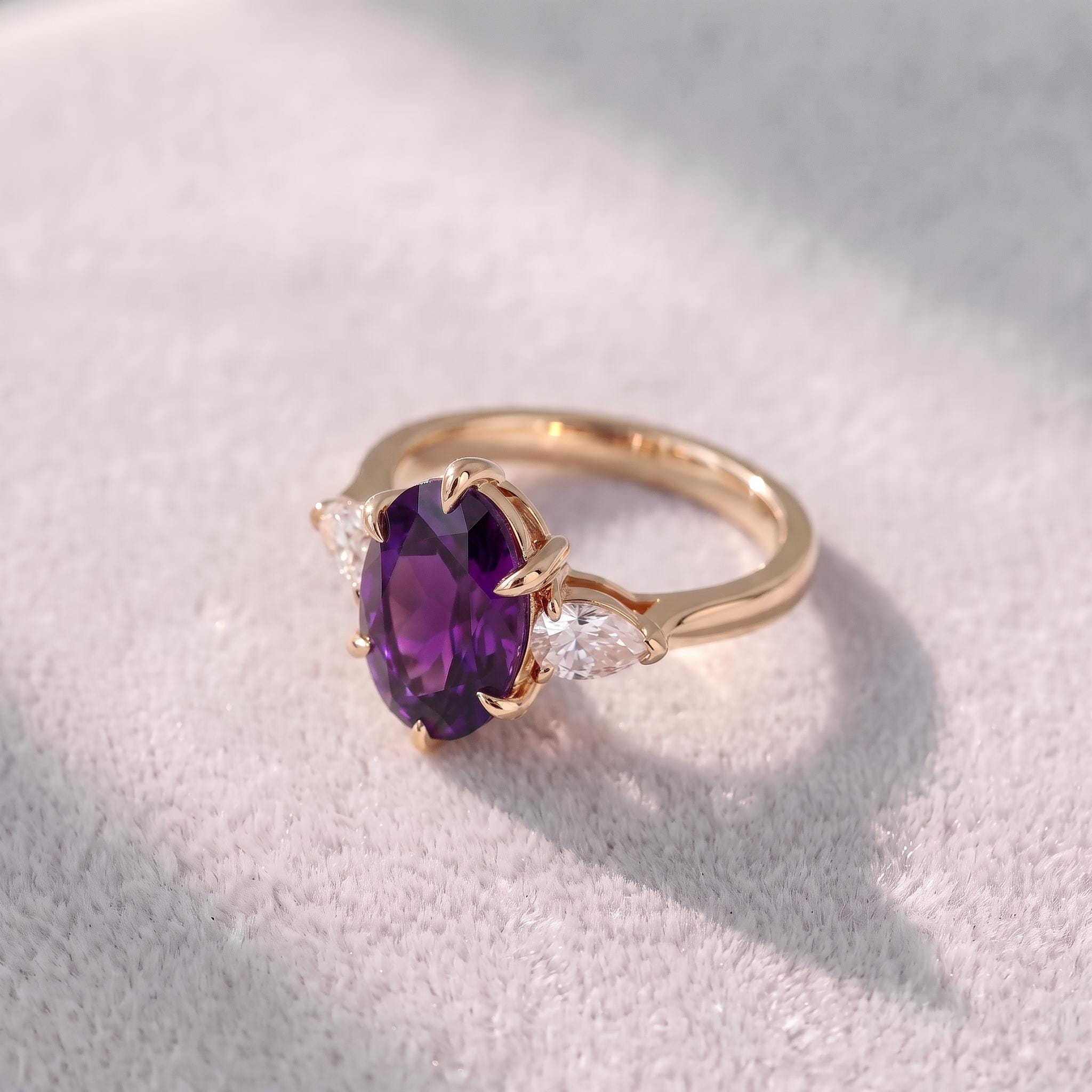 Oval Amethyst-Colored CZ Three-Stone Ring in 925 Sterling Silver