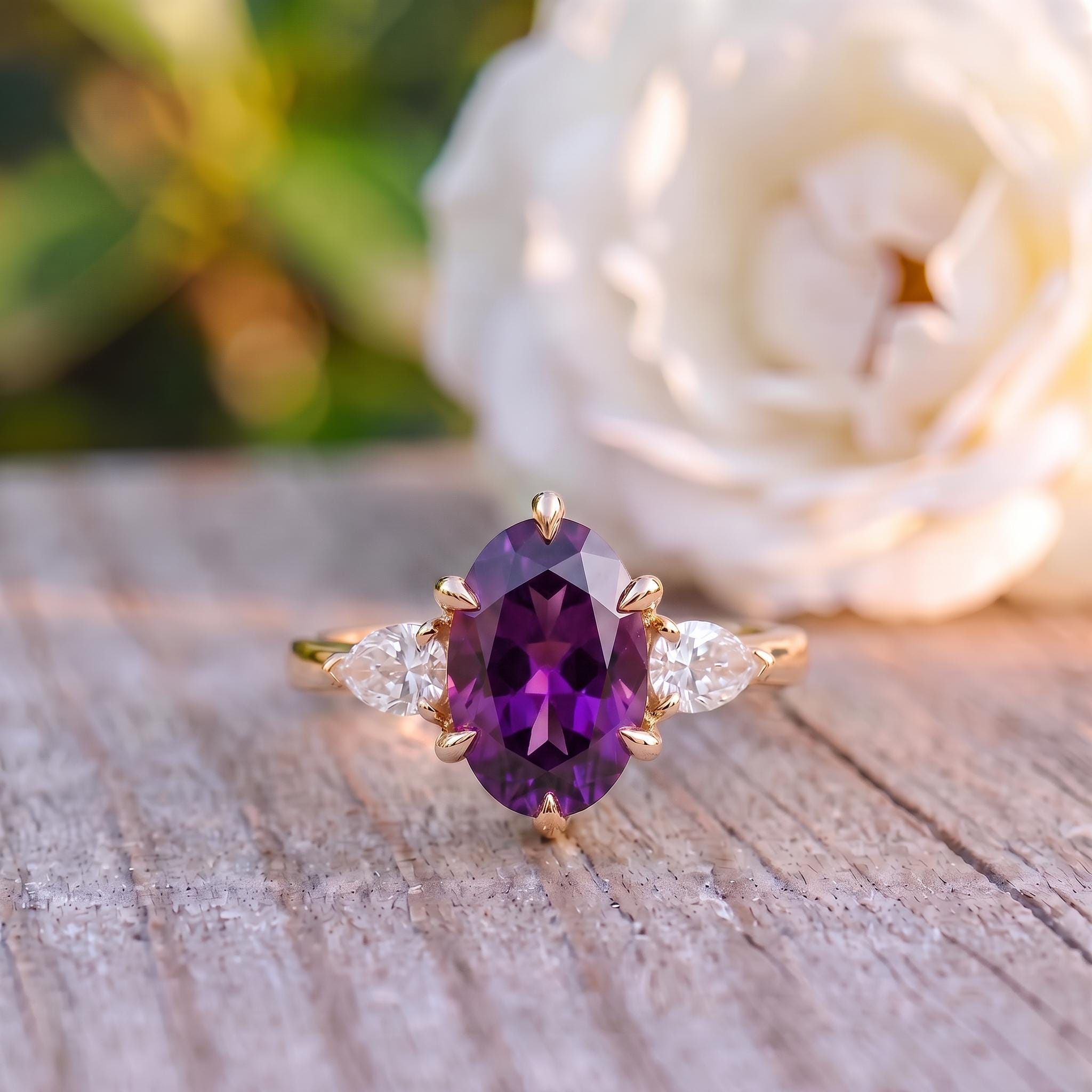 Oval Amethyst-Colored CZ Three-Stone Ring in 925 Sterling Silver