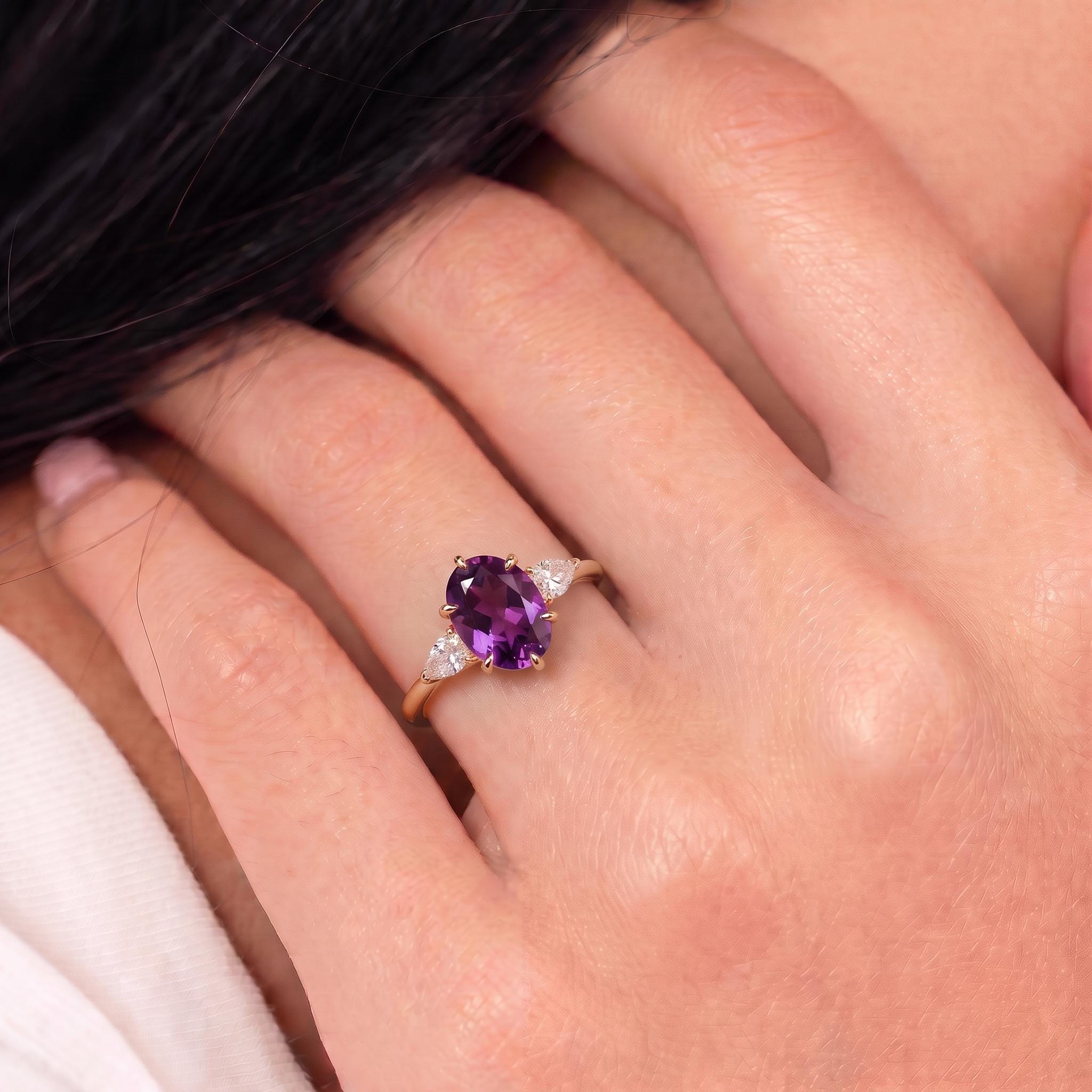 Oval Amethyst-Colored CZ Three-Stone Ring in 925 Sterling Silver