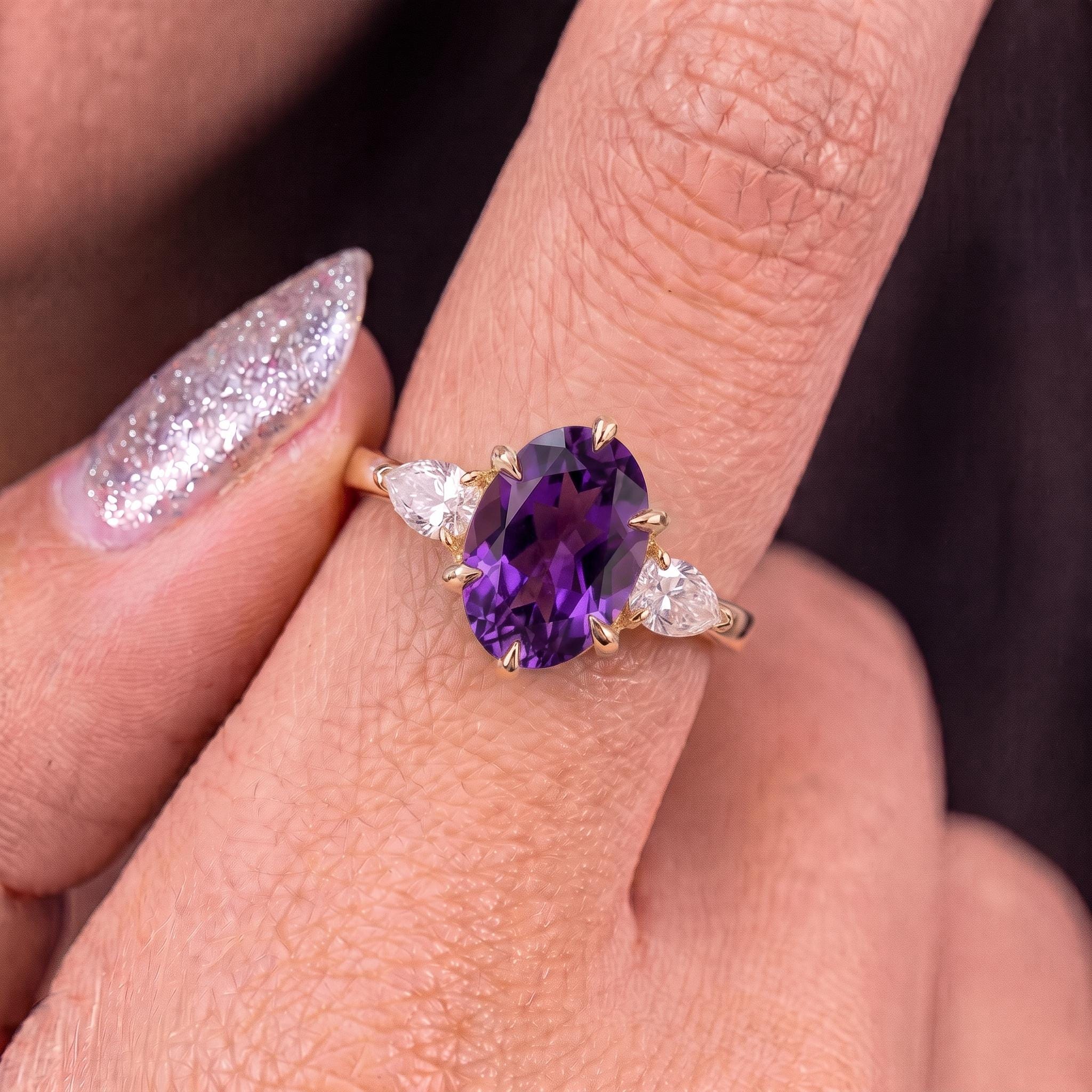Oval Amethyst-Colored CZ Three-Stone Ring in 925 Sterling Silver