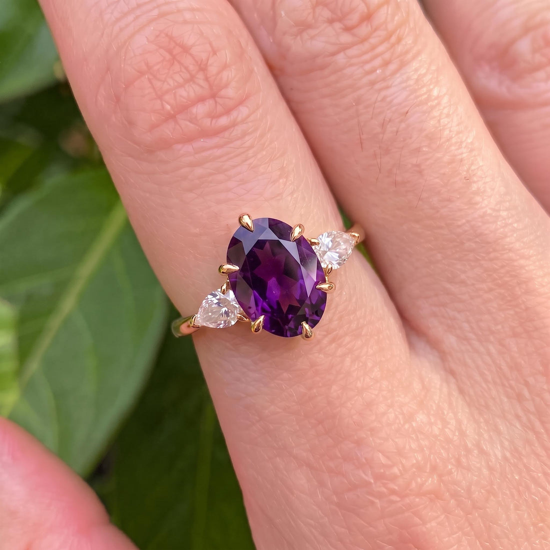 Oval Amethyst-Colored CZ Three-Stone Ring in 925 Sterling Silver
