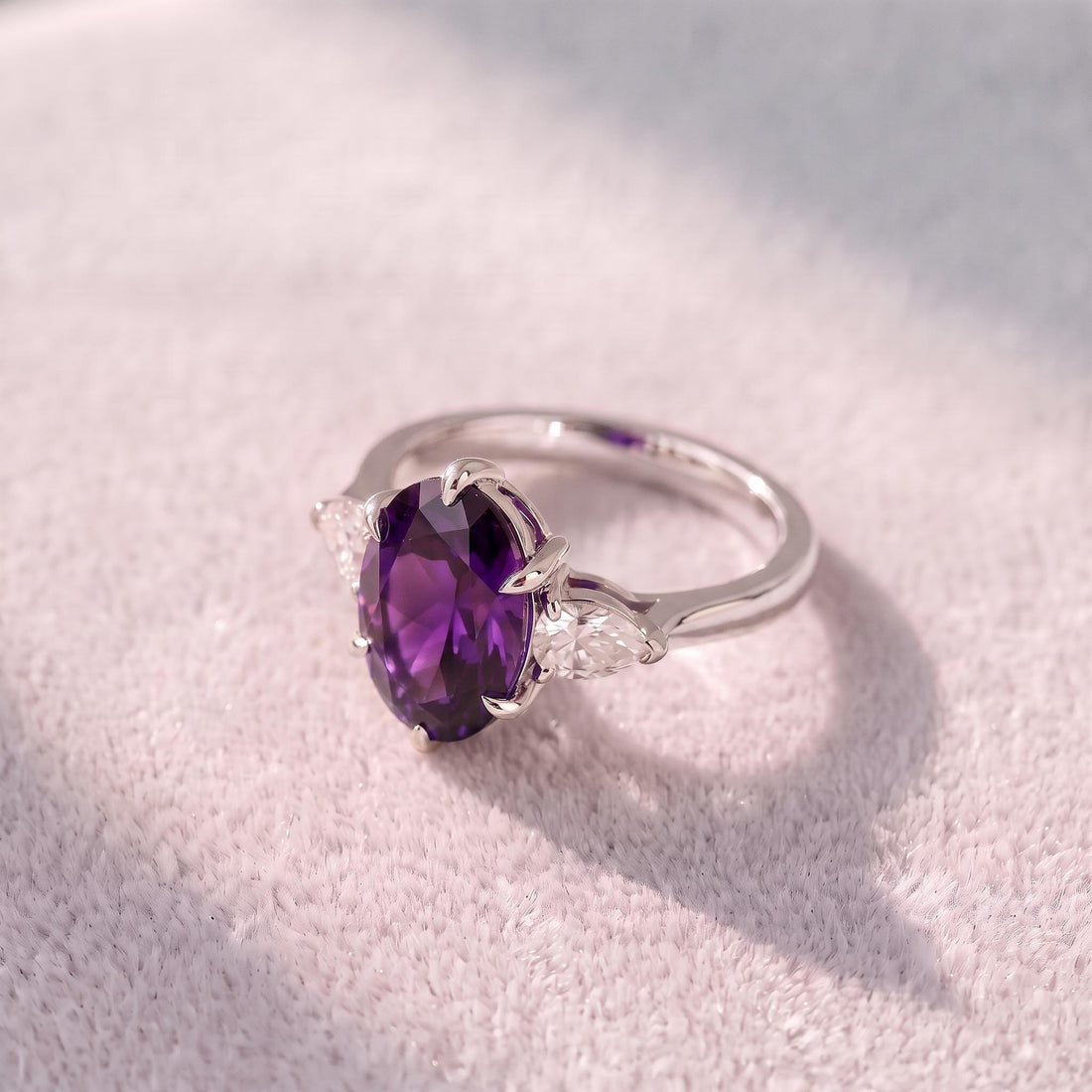 Oval Amethyst-Colored CZ Three-Stone Ring in 925 Sterling Silver