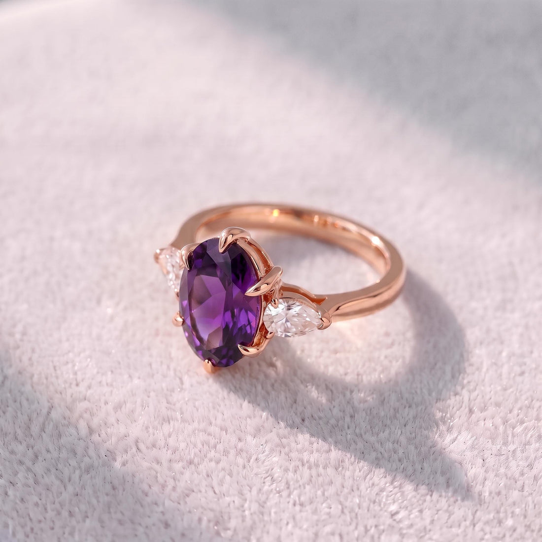 Oval Amethyst-Colored CZ Three-Stone Ring in 925 Sterling Silver