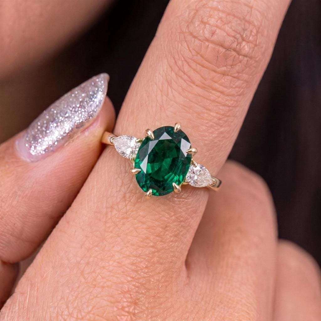 Oval Emerald & Pear Diamond Three Stone Engagement Ring | 14K Gold May Birthstone Ring | Anniversary Gift for Her | Dainty Gemstone Ring