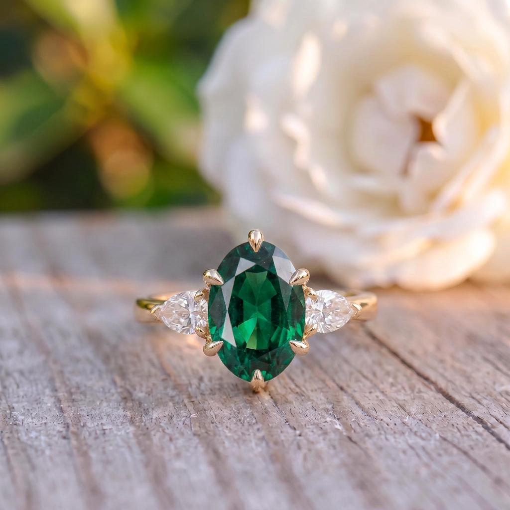 Oval Emerald & Pear Diamond Three Stone Engagement Ring | 14K Gold May Birthstone Ring | Anniversary Gift for Her | Dainty Gemstone Ring