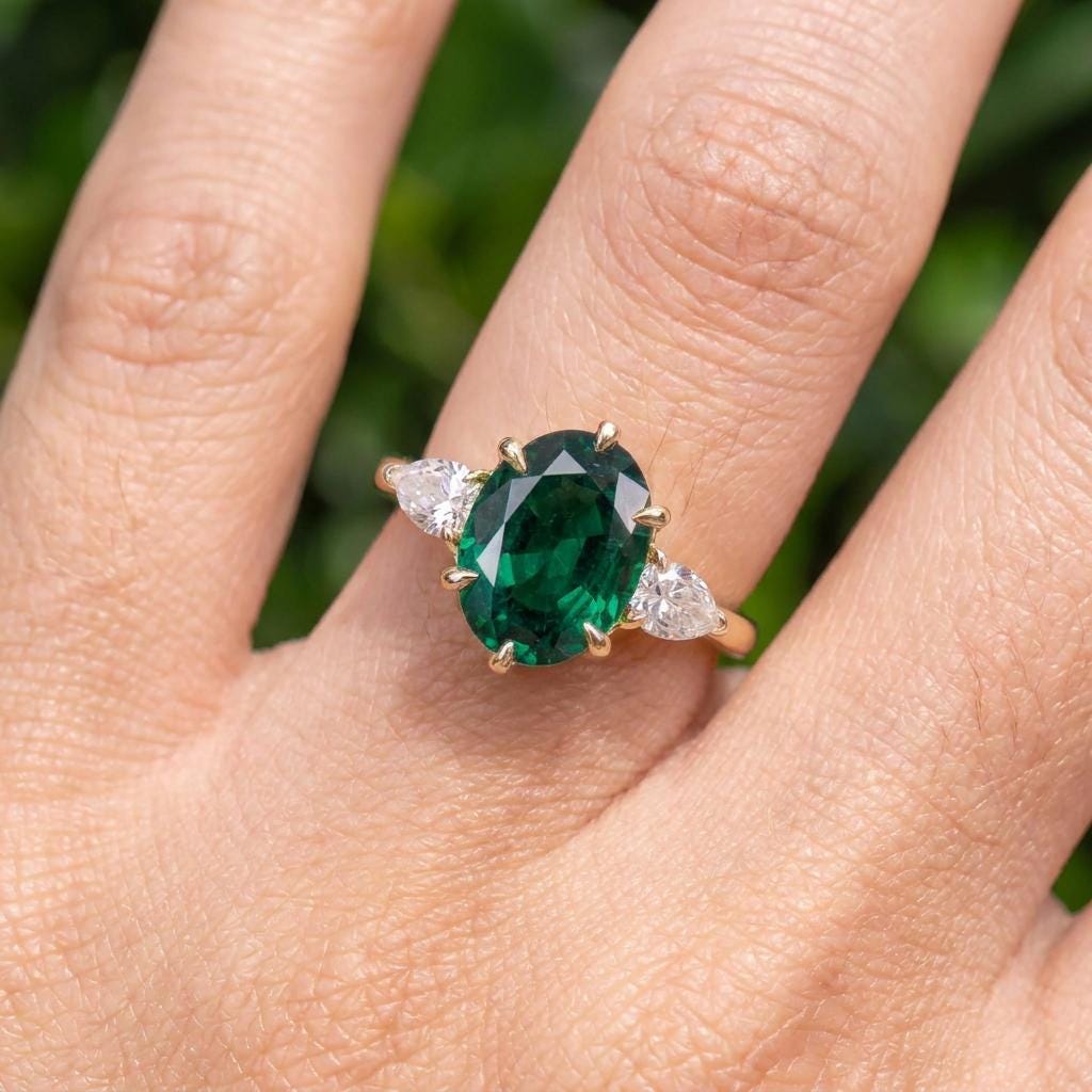 Oval Emerald & Pear Diamond Three Stone Engagement Ring | 14K Gold May Birthstone Ring | Anniversary Gift for Her | Dainty Gemstone Ring