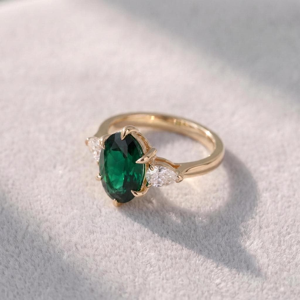 Oval Emerald & Pear Diamond Three Stone Engagement Ring | 14K Gold May Birthstone Ring | Anniversary Gift for Her | Dainty Gemstone Ring