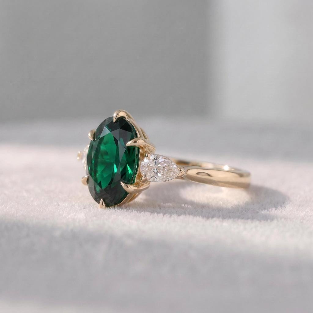 Oval Emerald & Pear Diamond Three Stone Engagement Ring | 14K Gold May Birthstone Ring | Anniversary Gift for Her | Dainty Gemstone Ring