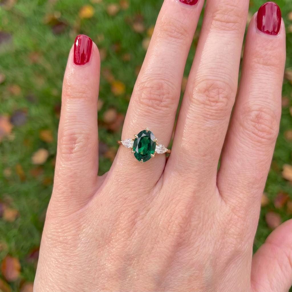 Oval Emerald & Pear Diamond Three Stone Engagement Ring | 14K Gold May Birthstone Ring | Anniversary Gift for Her | Dainty Gemstone Ring