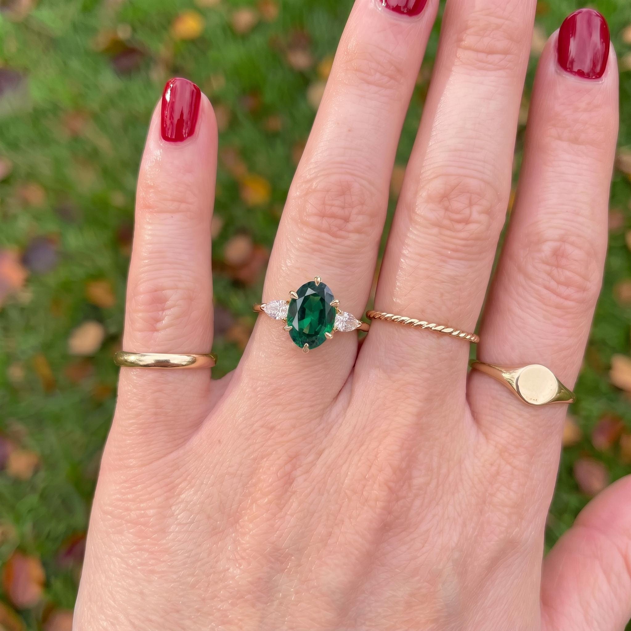 Oval Emerald & Pear Diamond Three Stone Engagement Ring | 14K Gold May Birthstone Ring | Anniversary Gift for Her | Dainty Gemstone Ring