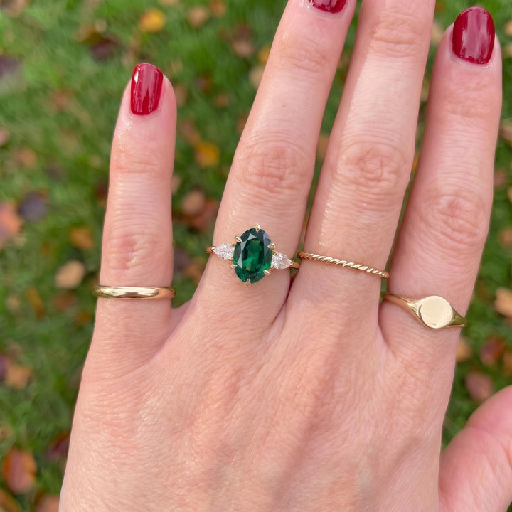 Oval Emerald & Pear Diamond Three Stone Engagement Ring | 14K Gold May Birthstone Ring | Anniversary Gift for Her | Dainty Gemstone Ring
