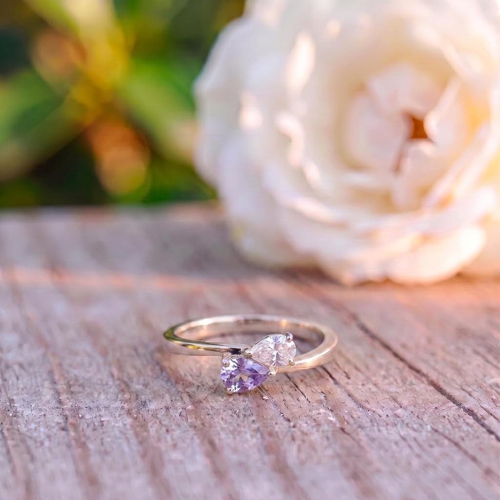 Dainty Gold Bypass Ring with Pear Cut Lavender & White Gemstones | Two Stone Promise Ring | Elegant Anniversary Gift for Her | Stacking Ring