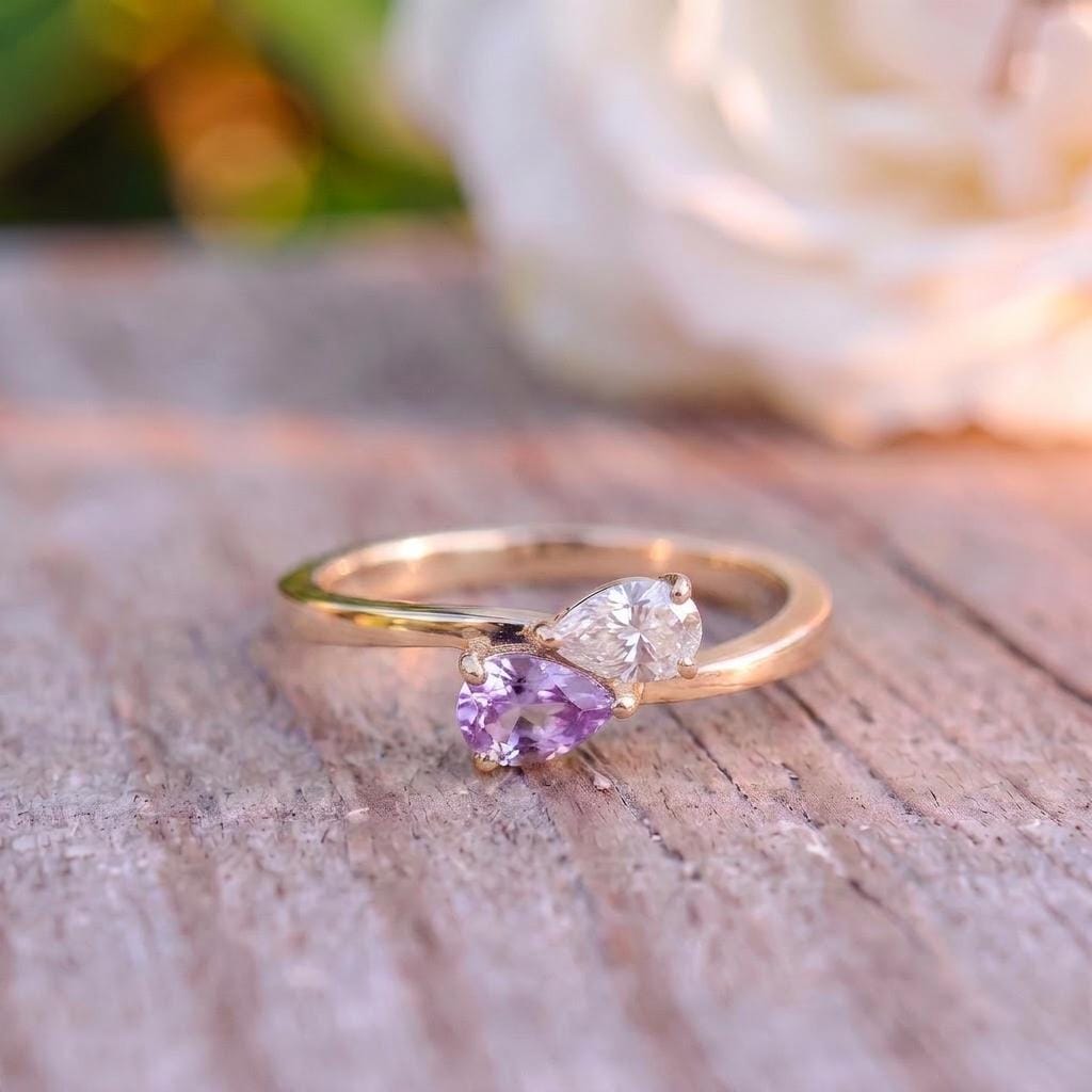 Dainty Gold Bypass Ring with Pear Cut Lavender & White Gemstones | Two Stone Promise Ring | Elegant Anniversary Gift for Her | Stacking Ring